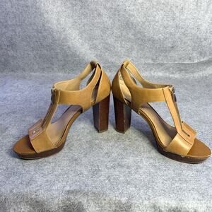Franco Sarto Tan Leather Open Toe Zip Up Sandals, Women’s Size 8M 4” Heel
